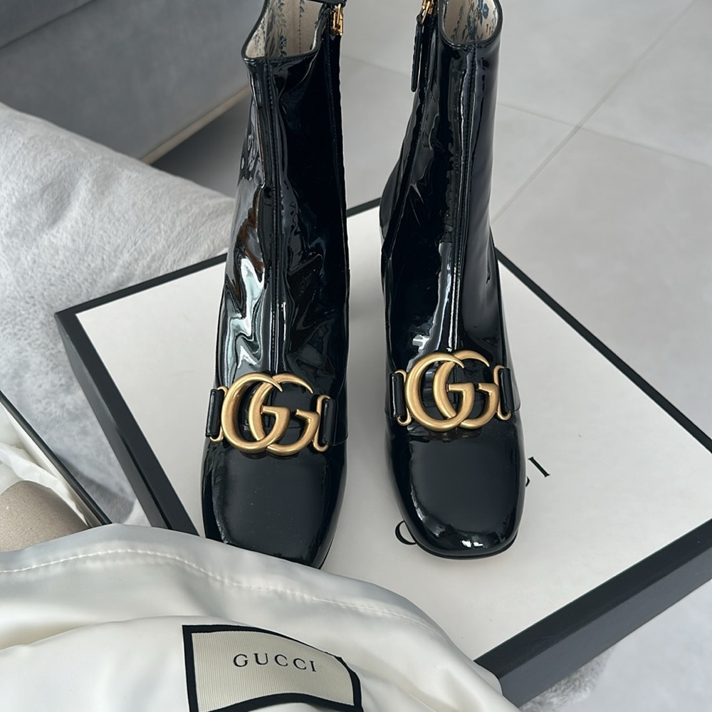 GUCCI 100% authentic,Bootie Leather Vitello Vernice, soft Nero Marmont, GG NWT - Picture 4 of 16